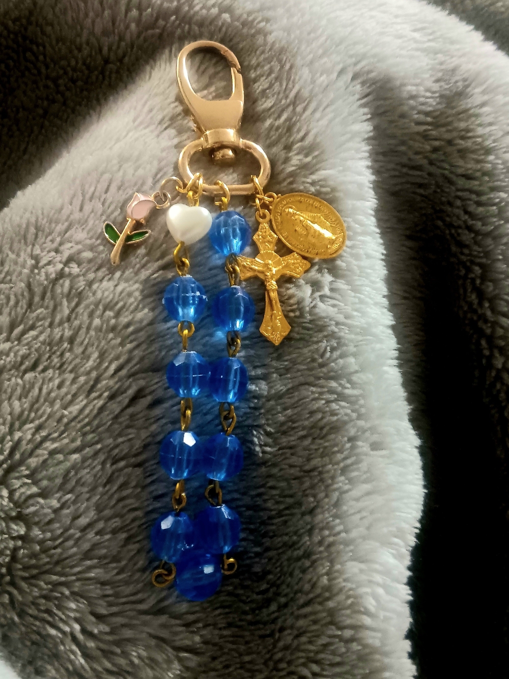 Gold-Tone Blue Beaded Rosary Keychain with Cross and Medal